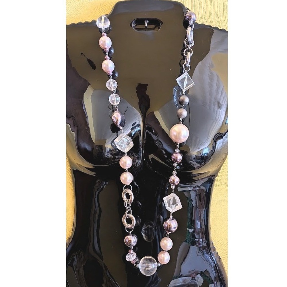 Chunky Geometric Statement Necklace Lucite Baroque Pearl Long Chain Mixed Media